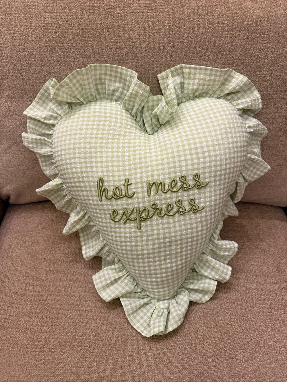 Hot Mess Express Embroidered Heart Pillow Green White Gingham Ruffles New Viral